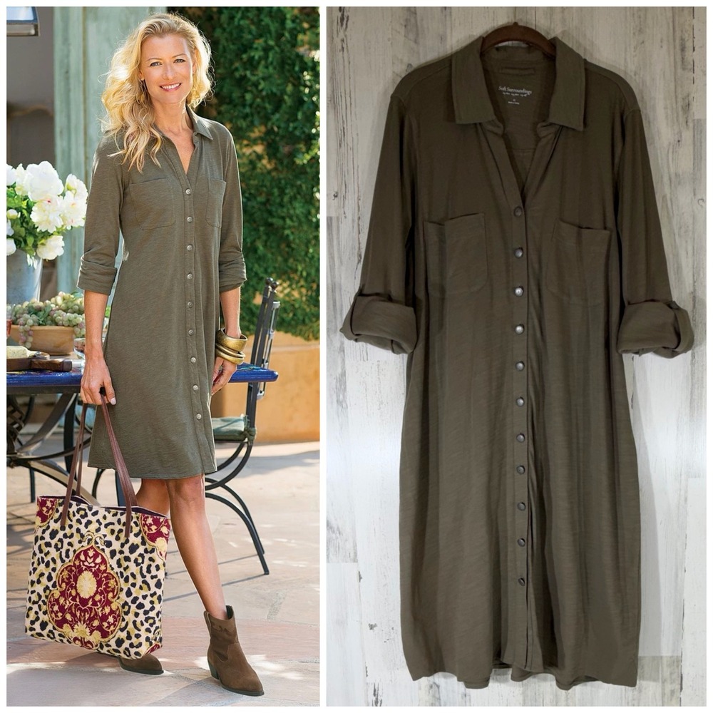 Soft Surroundings Shirtdress 1X Olive Green Cotton Modal Slub Utility Belted
